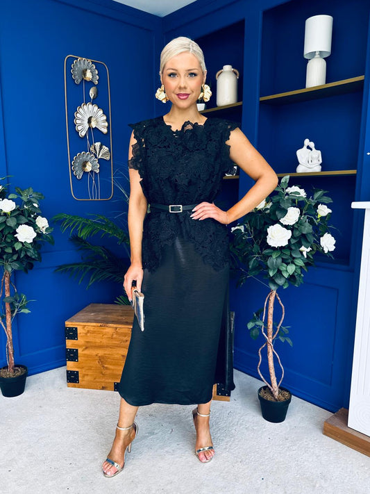 Tara Crochet Top & Satin Dress Set Black