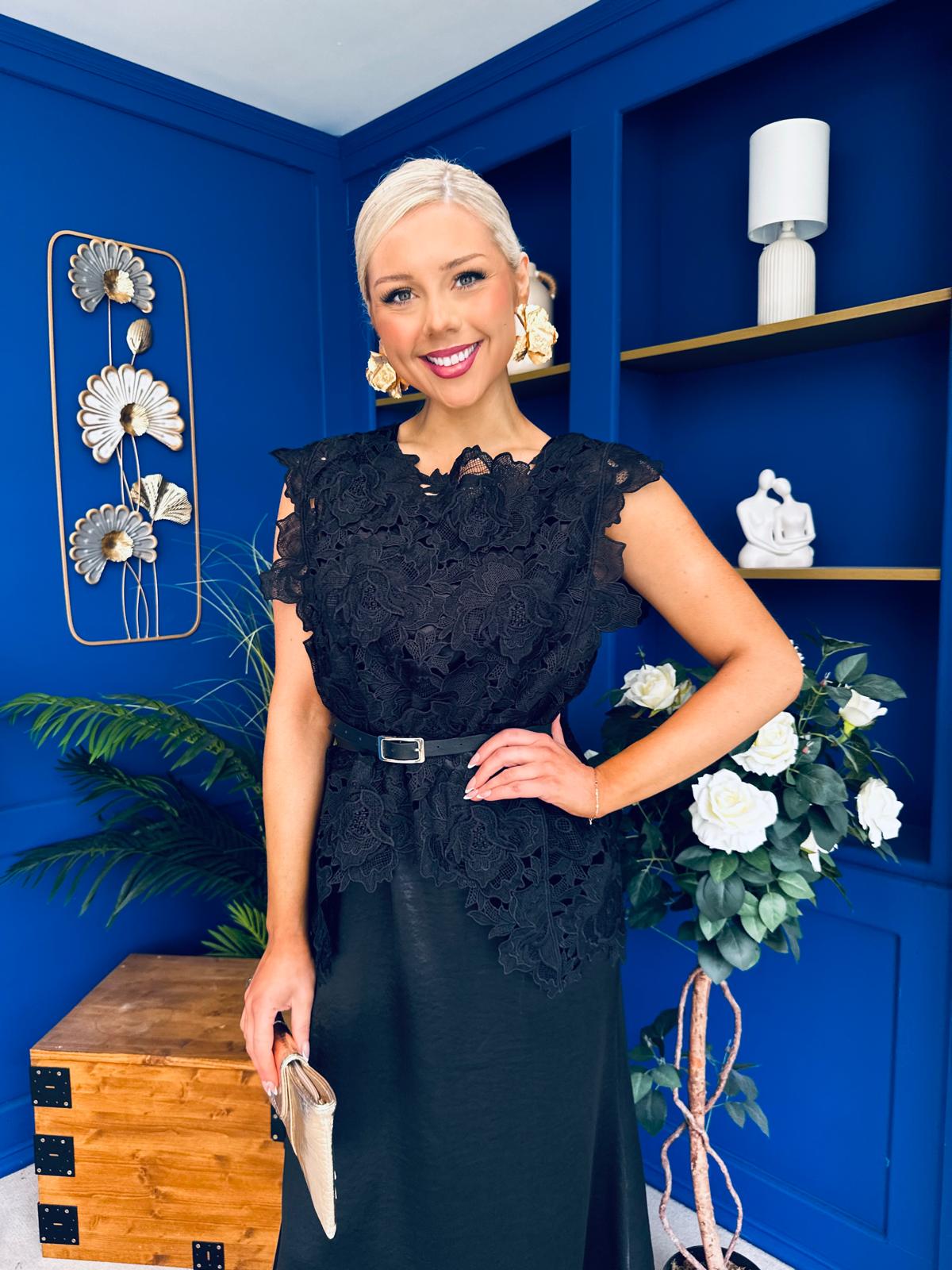 Tara Crochet Top & Satin Dress Set Black