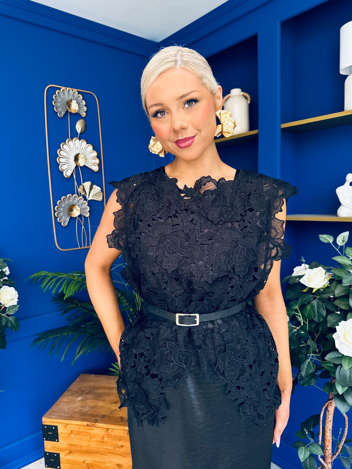 Tara Crochet Top & Satin Dress Set Black