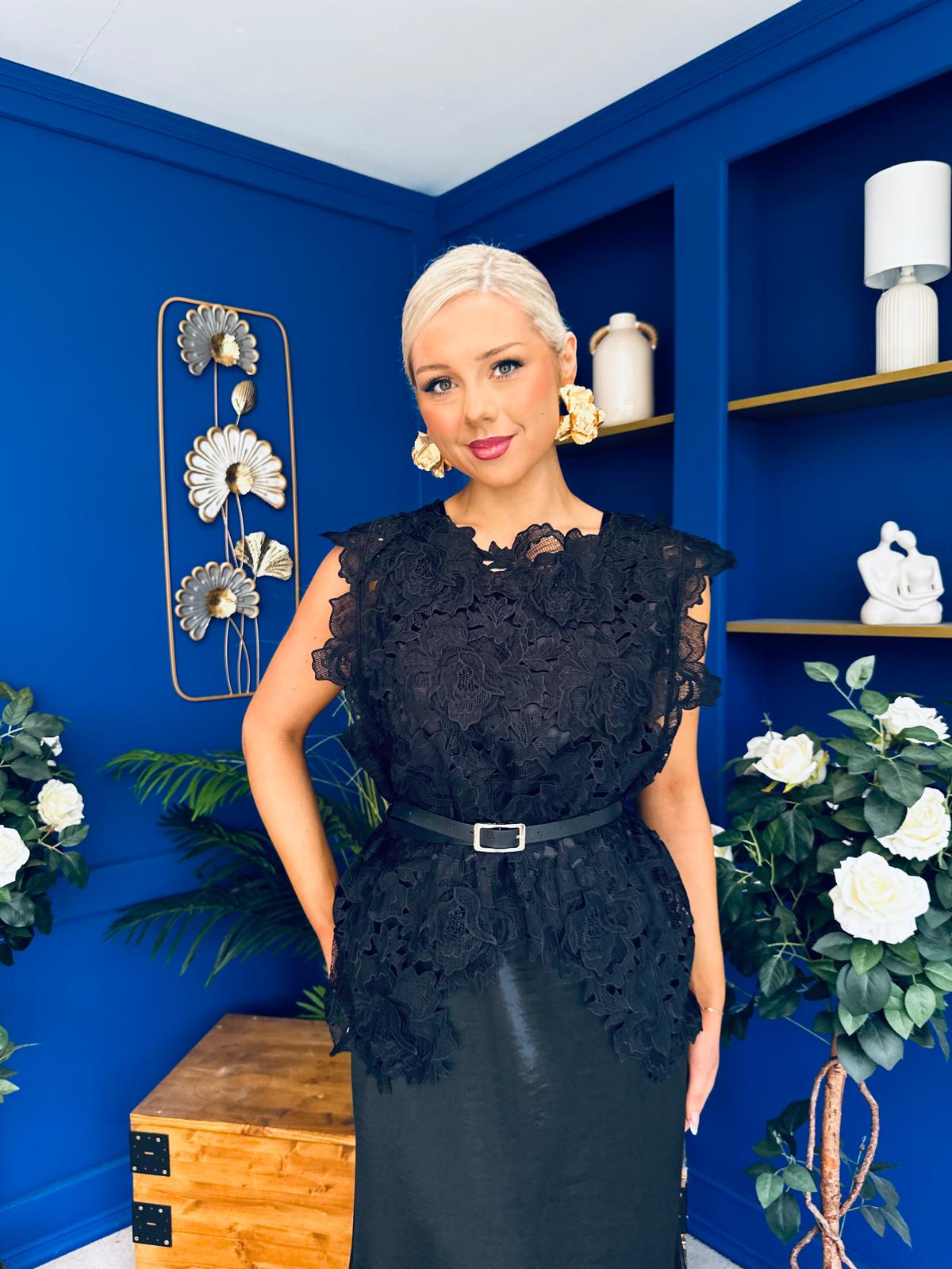 Tara Crochet Top & Satin Dress Set Black