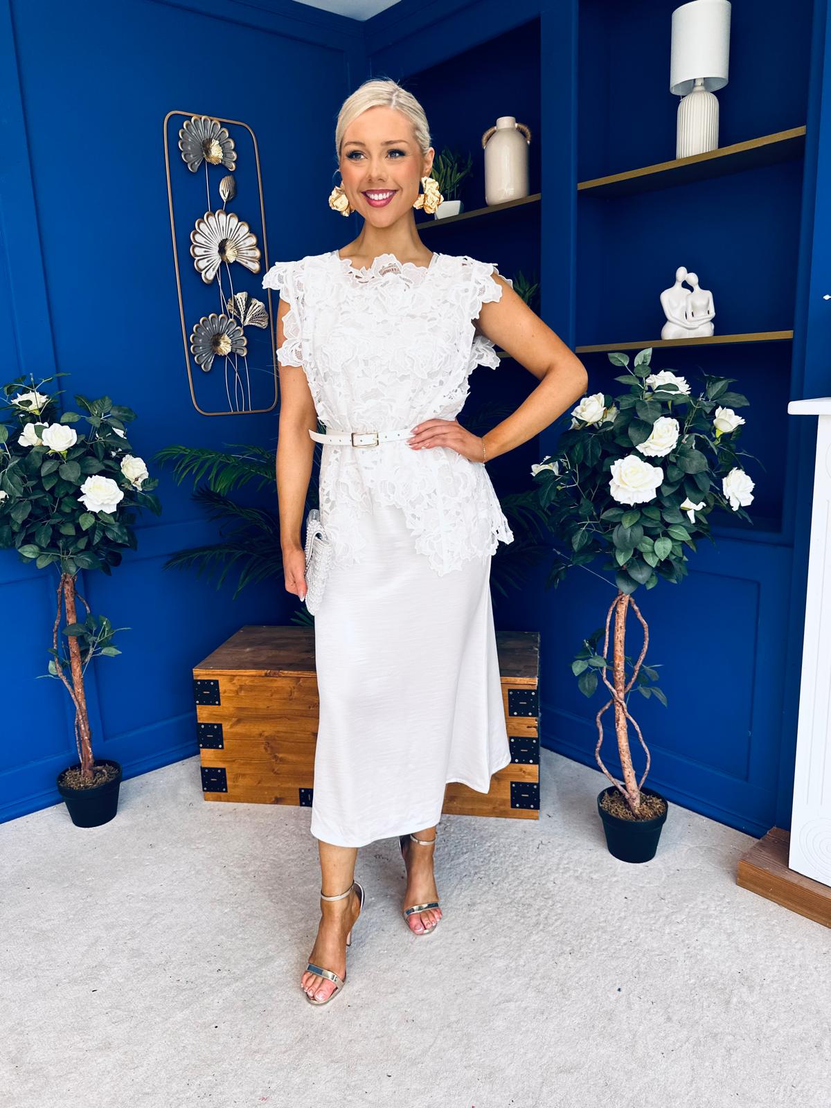 Tara Crochet Top & Satin Dress Set White