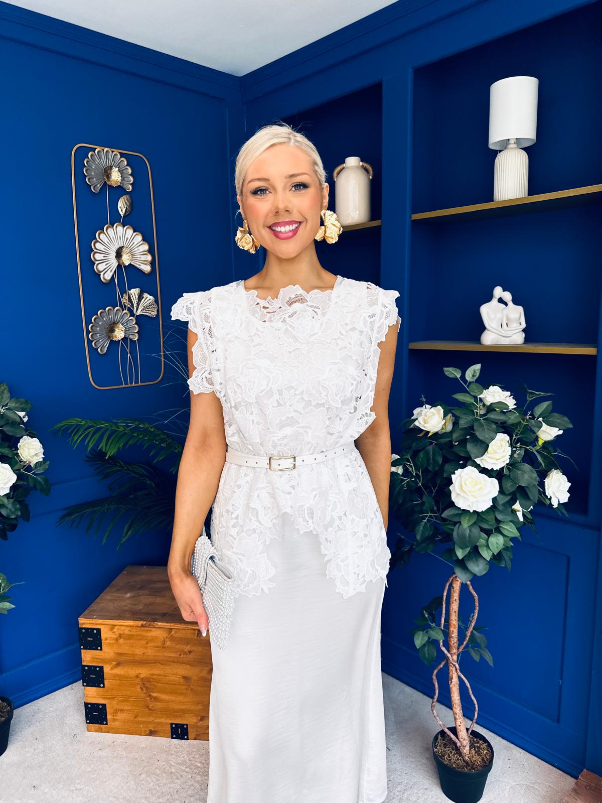 Tara Crochet Top & Satin Dress Set White