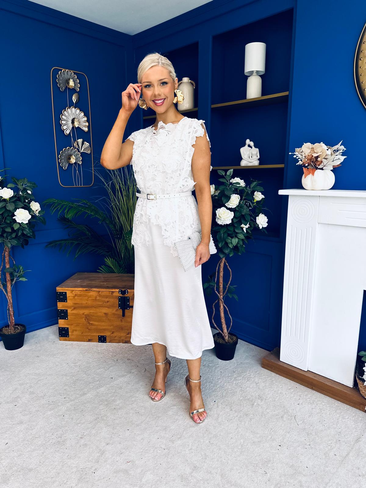 Tara Crochet Top & Satin Dress Set White