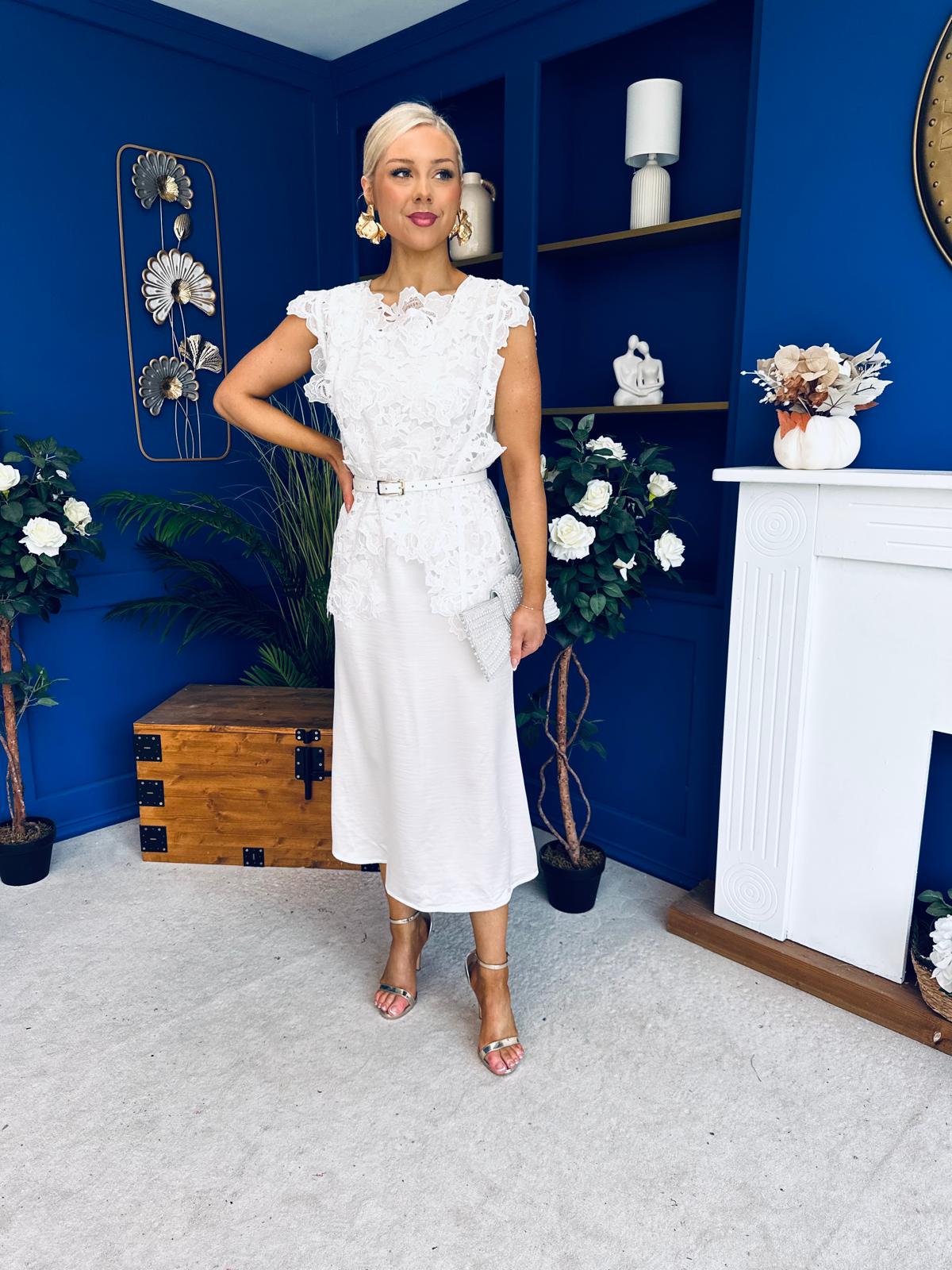 Tara Crochet Top & Satin Dress Set White