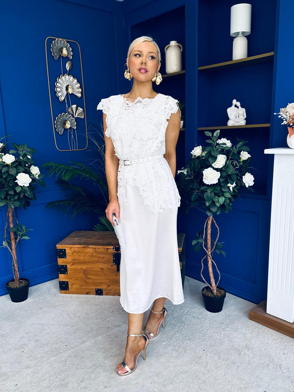 Tara Crochet Top & Satin Dress Set White