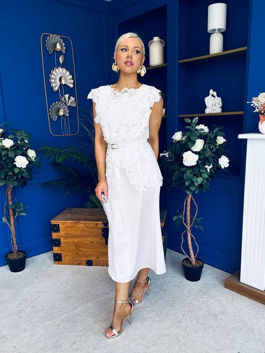 Tara Crochet Top & Satin Dress Set White