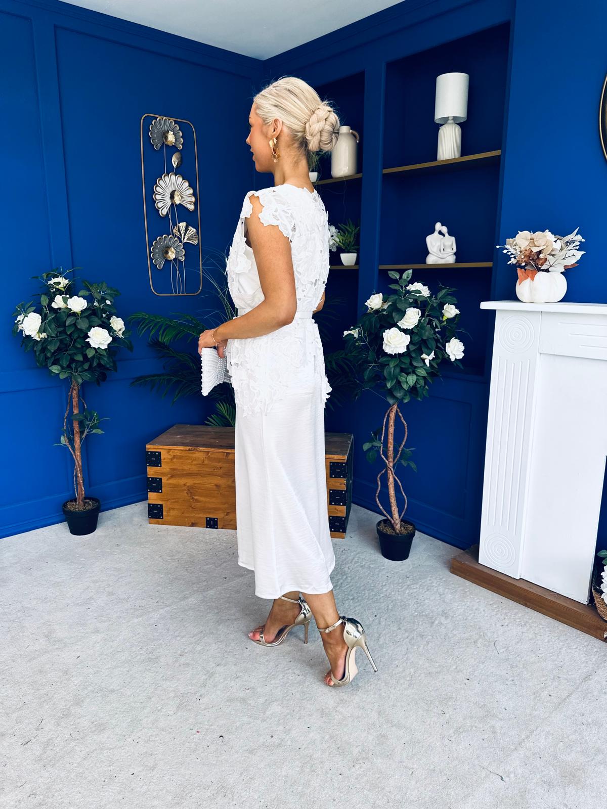 Tara Crochet Top & Satin Dress Set White