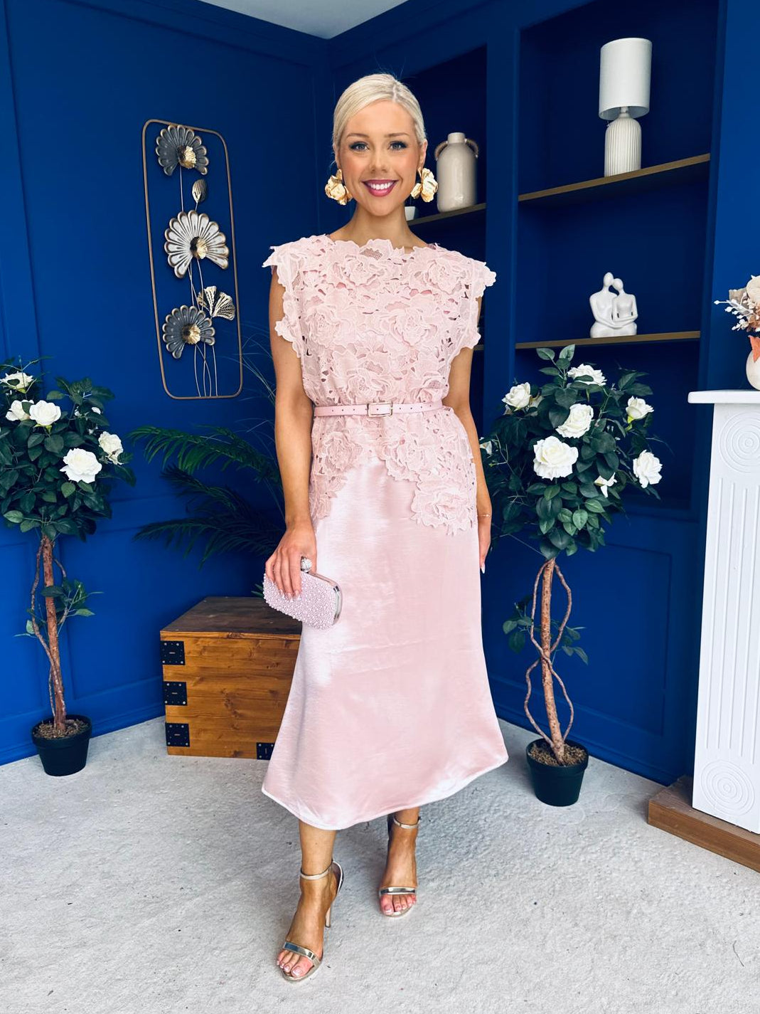 Tara Crochet Top & Satin Dress Set Pink