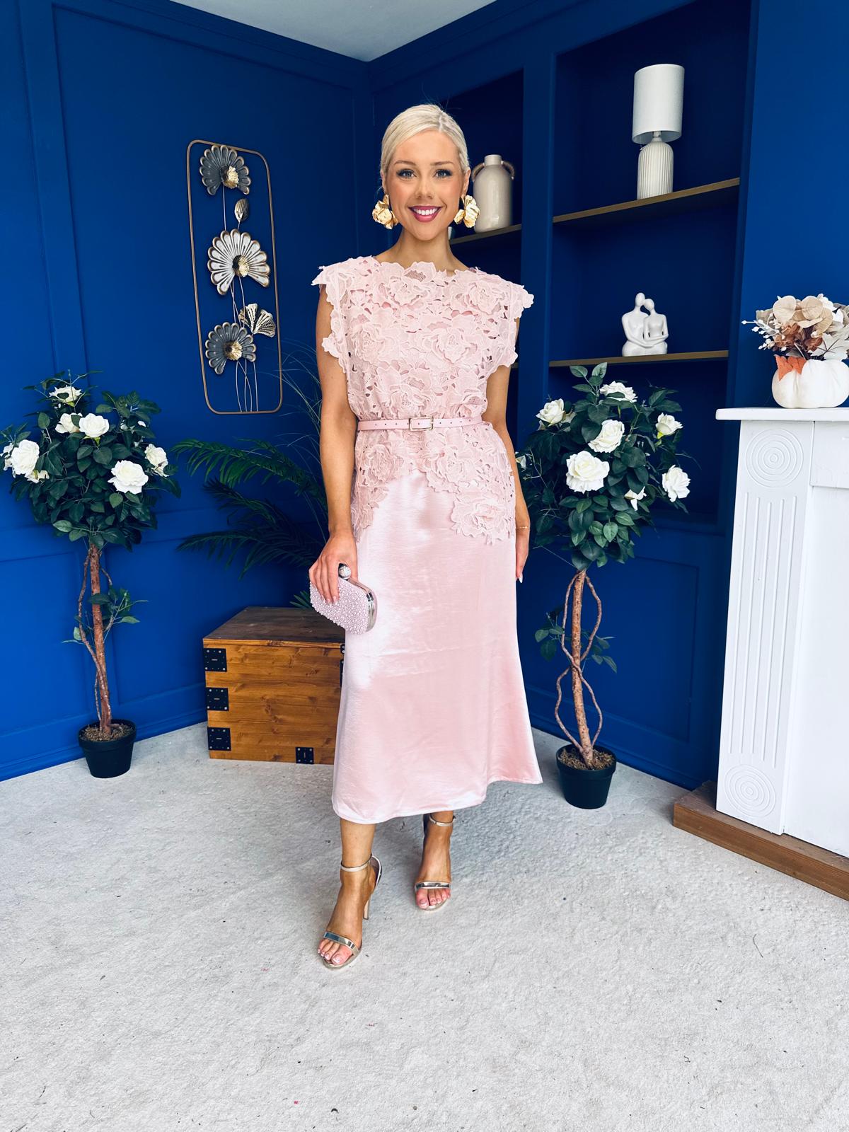 Tara Crochet Top & Satin Dress Set Pink