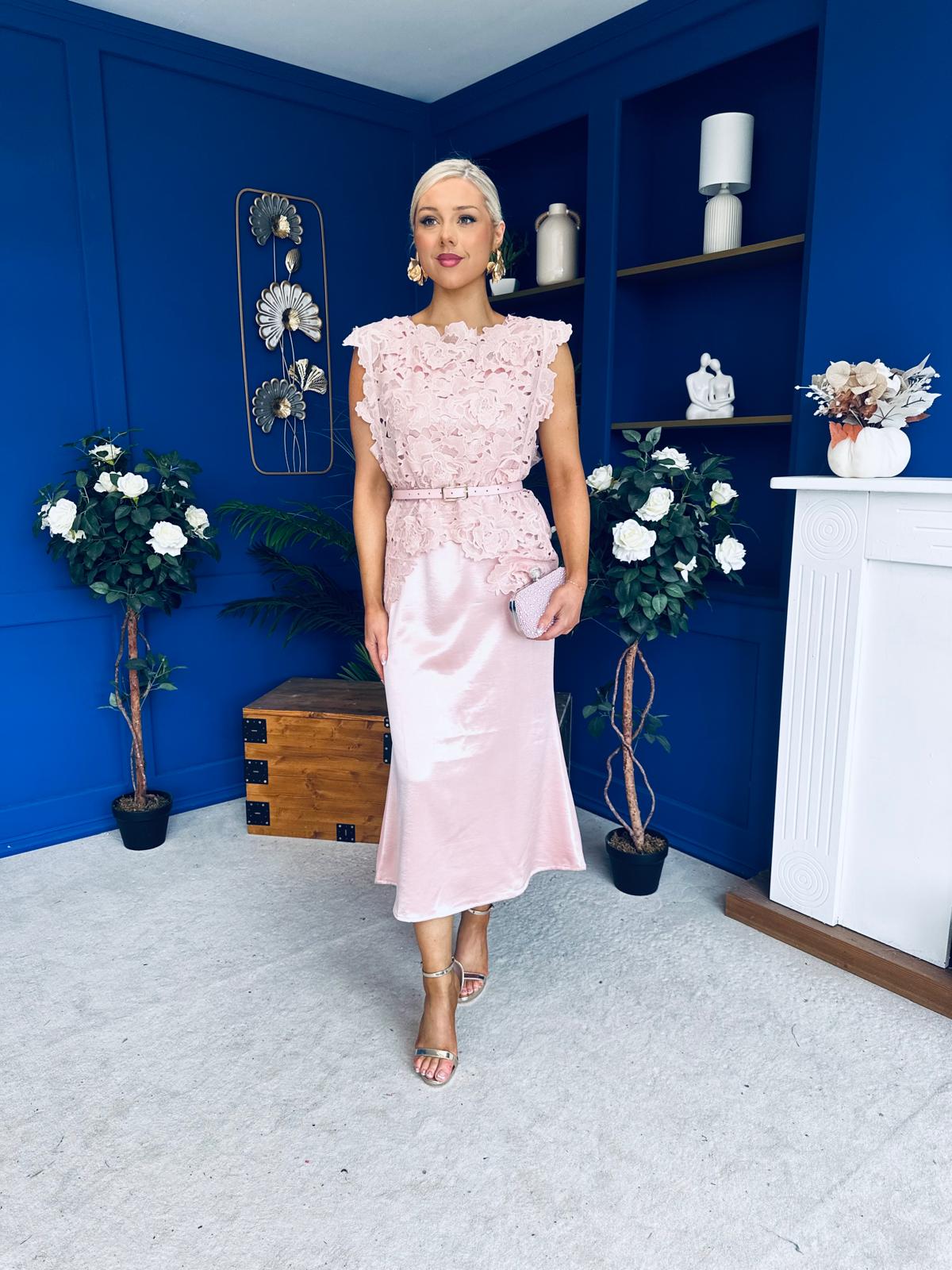 Tara Crochet Top & Satin Dress Set Pink