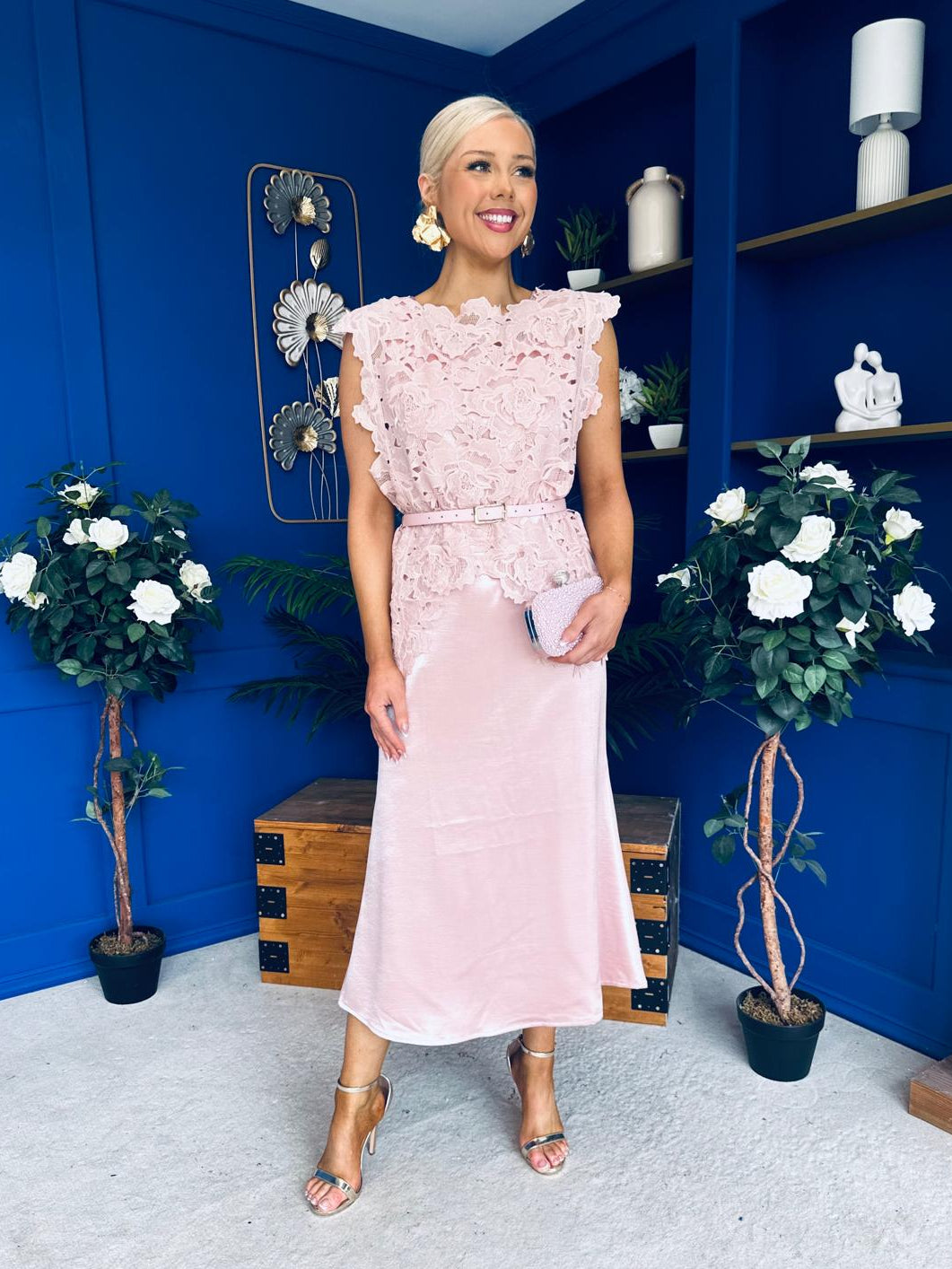 Tara Crochet Top & Satin Dress Set Pink