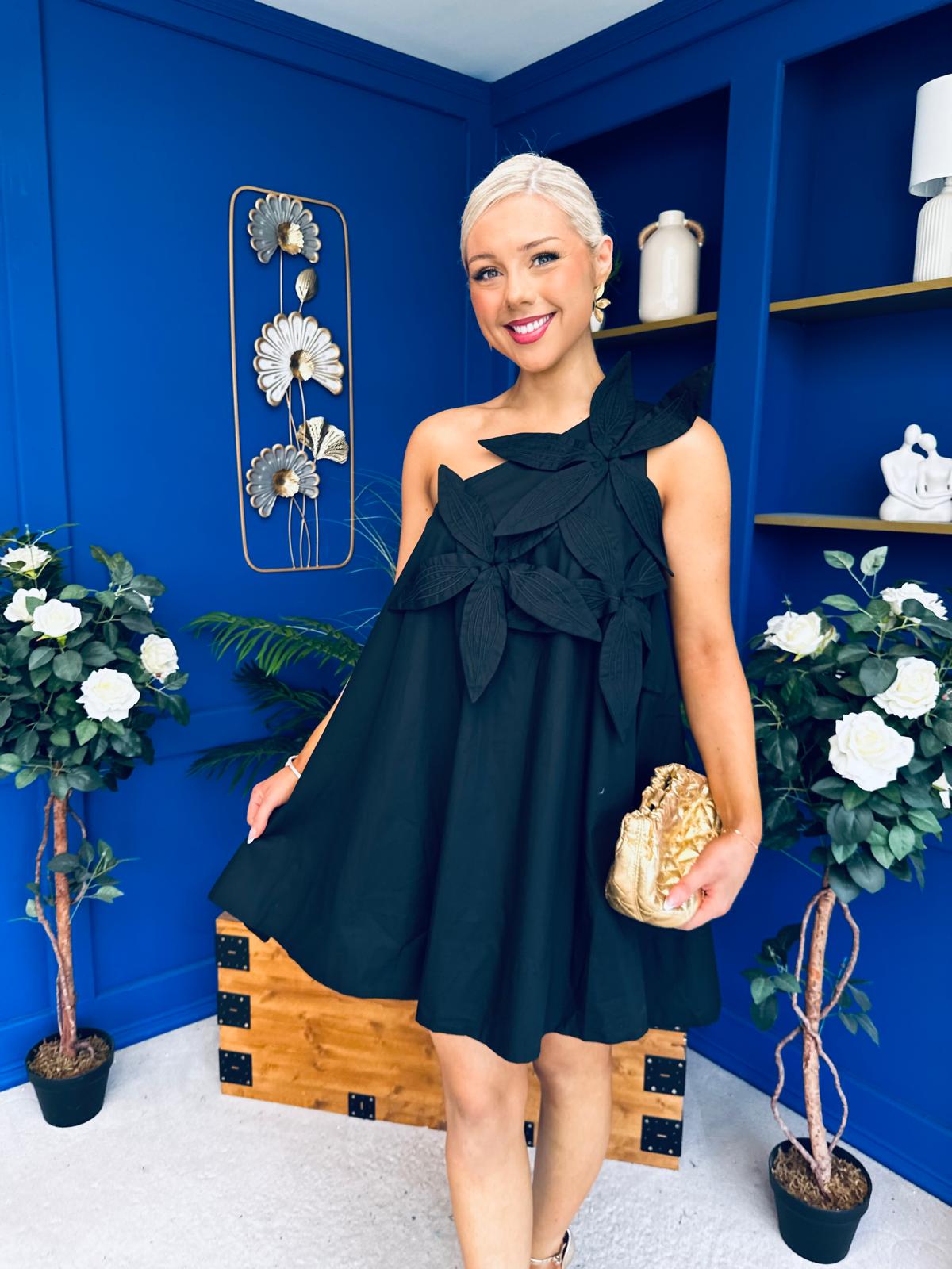 Miley One Shoulder Mini Shift Dress Black