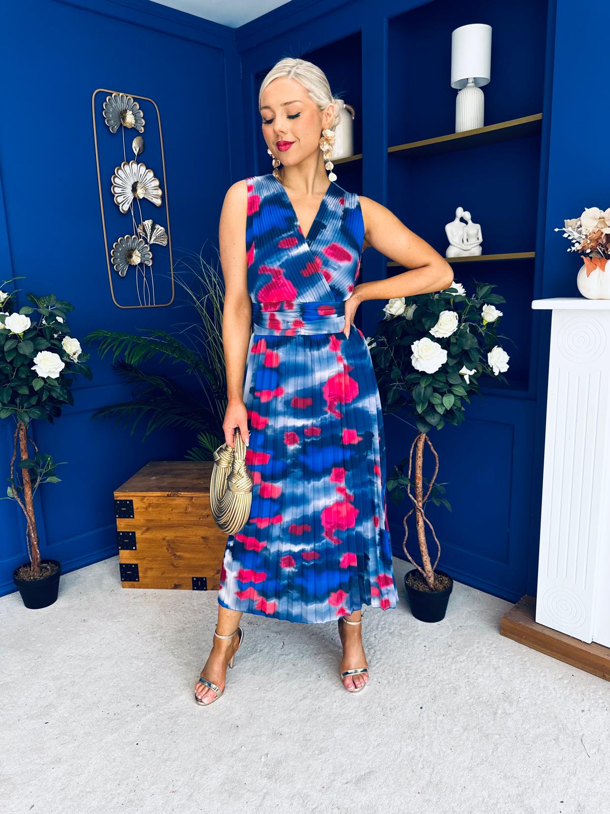 Robyn Pleated Midi Dress Marble Navy