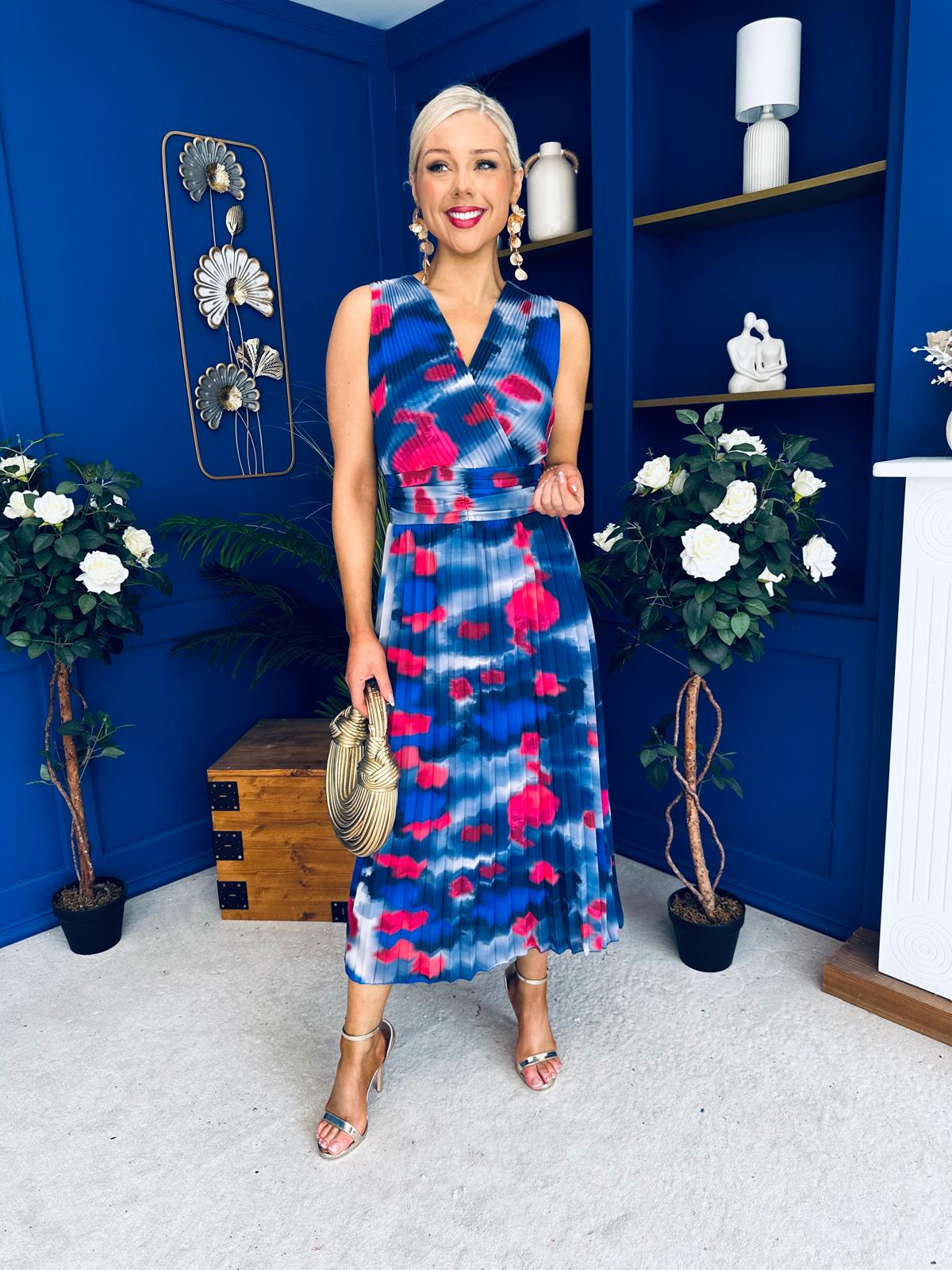 Robyn Pleated Midi Dress Marble Navy