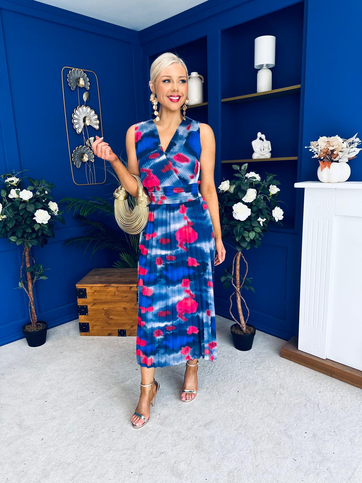 Robyn Pleated Midi Dress Marble Navy