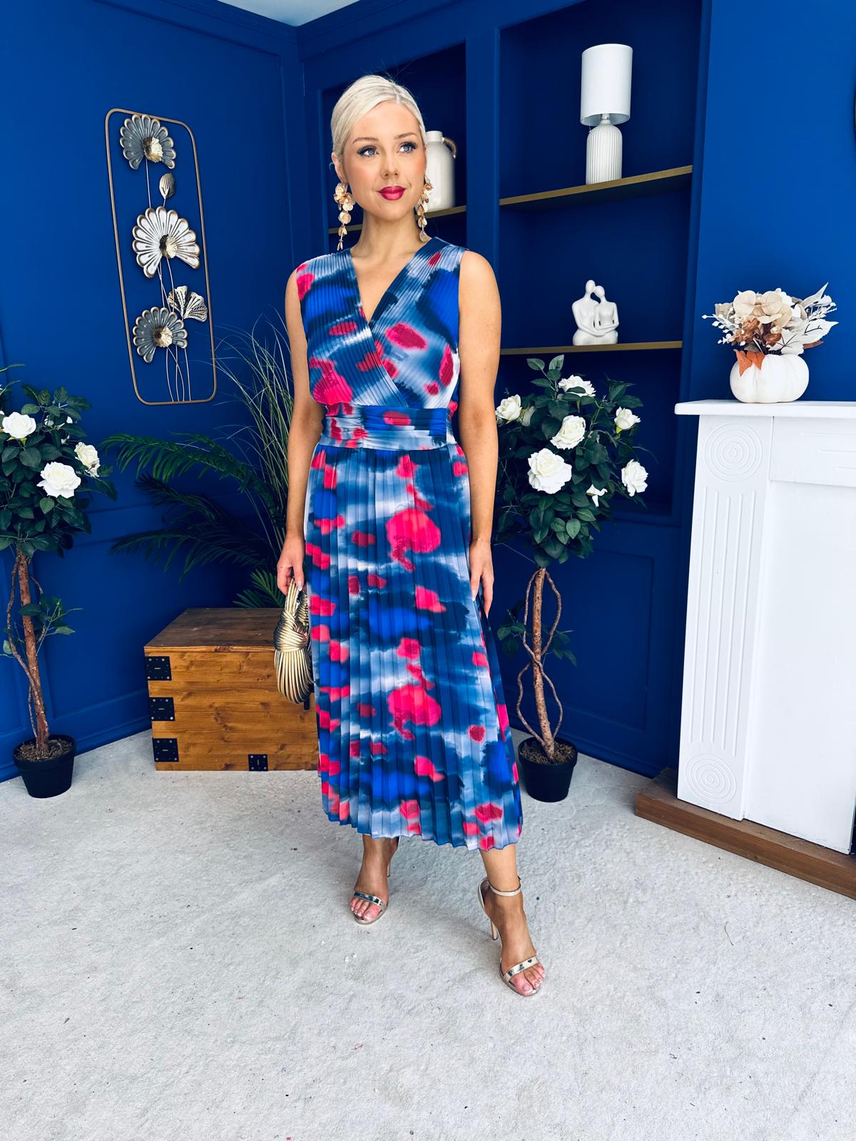 Robyn Pleated Midi Dress Marble Navy