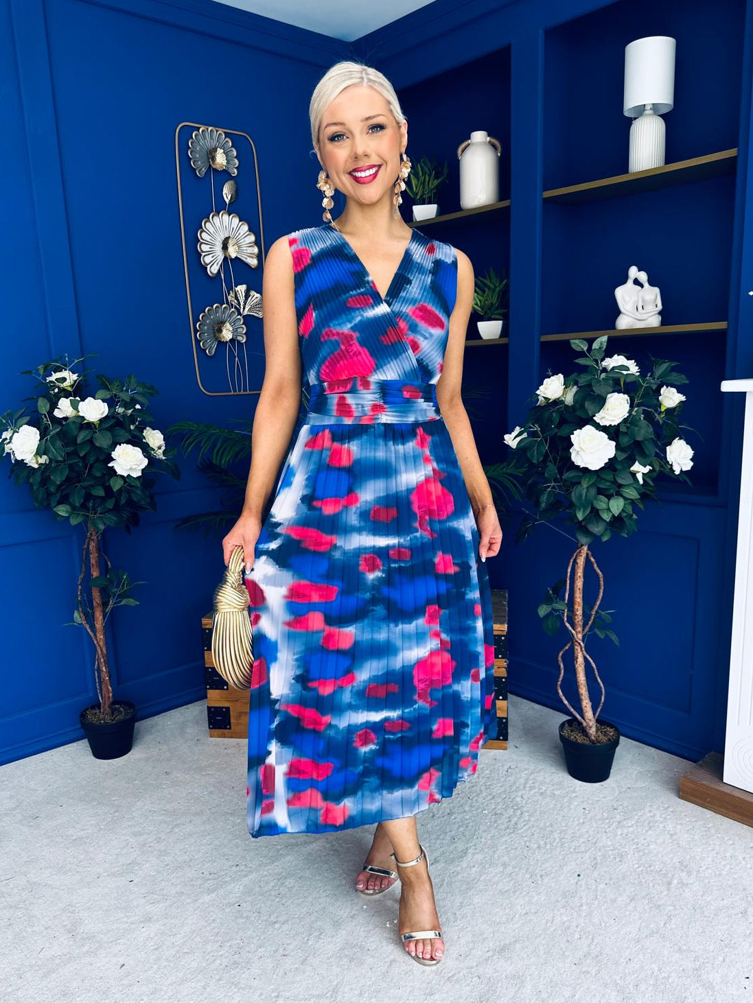 Robyn Pleated Midi Dress Marble Navy