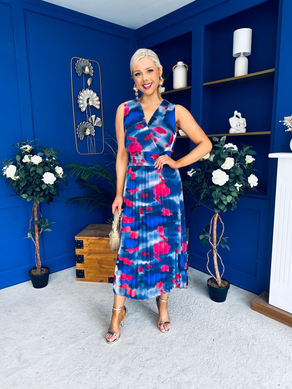 Robyn Pleated Midi Dress Marble Navy