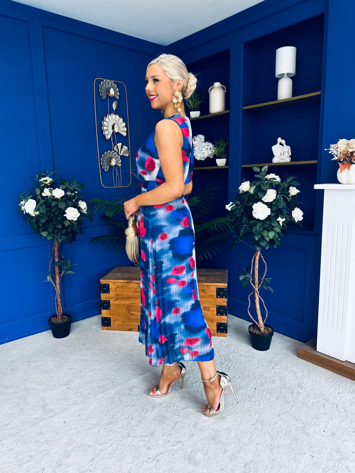 Robyn Pleated Midi Dress Marble Navy