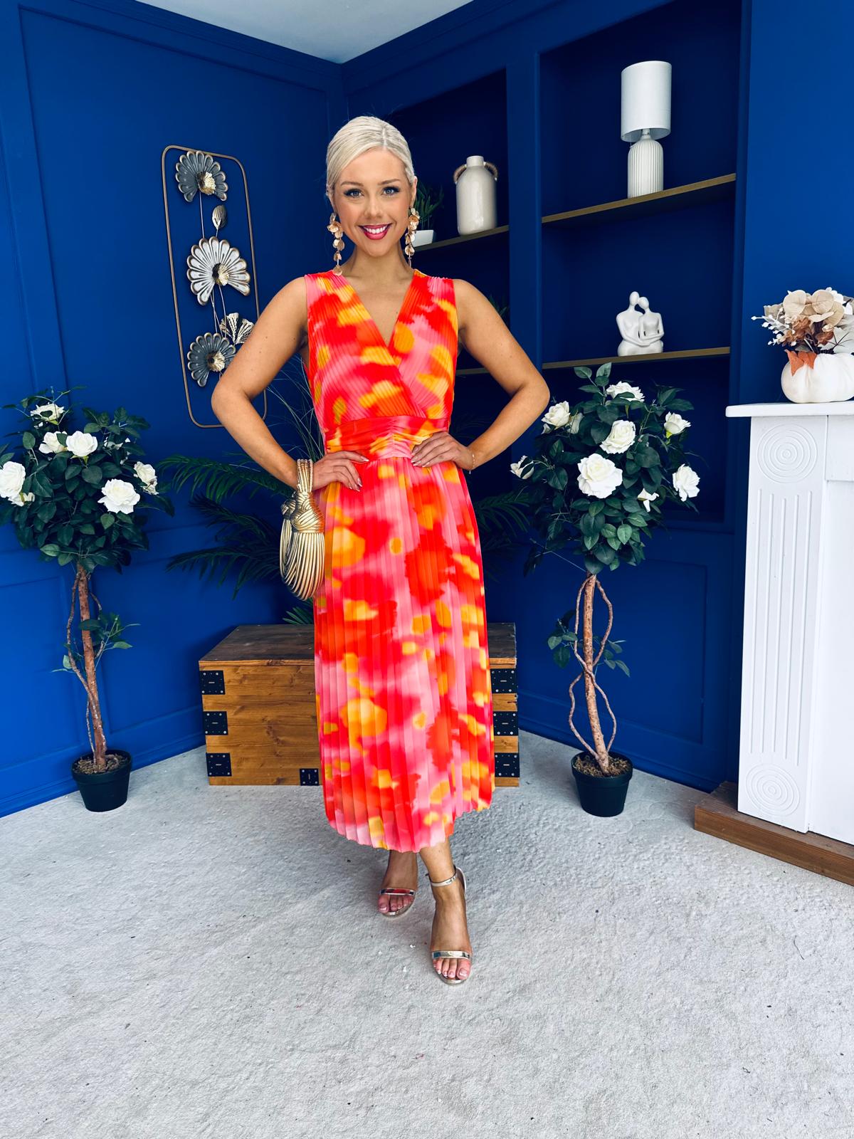 Robyn Pleated Midi Dress Marble Coral
