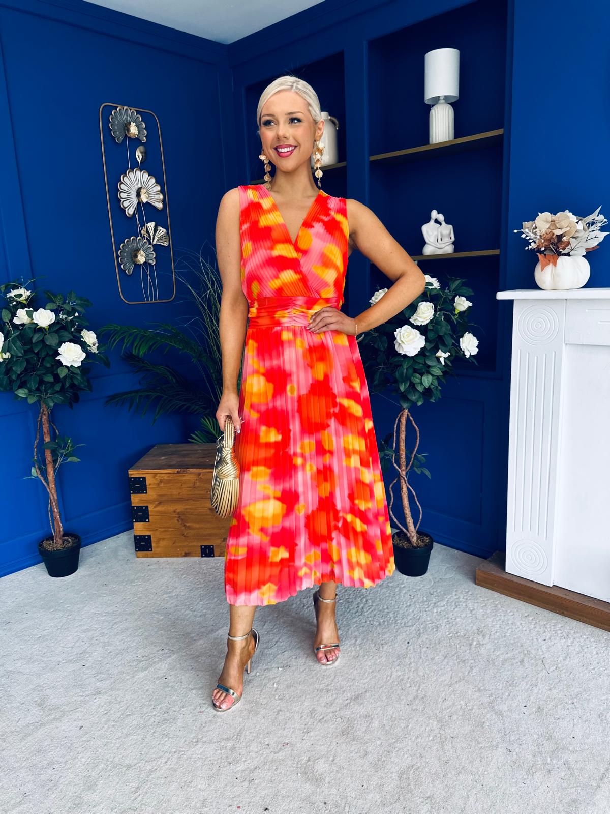Robyn Pleated Midi Dress Marble Coral
