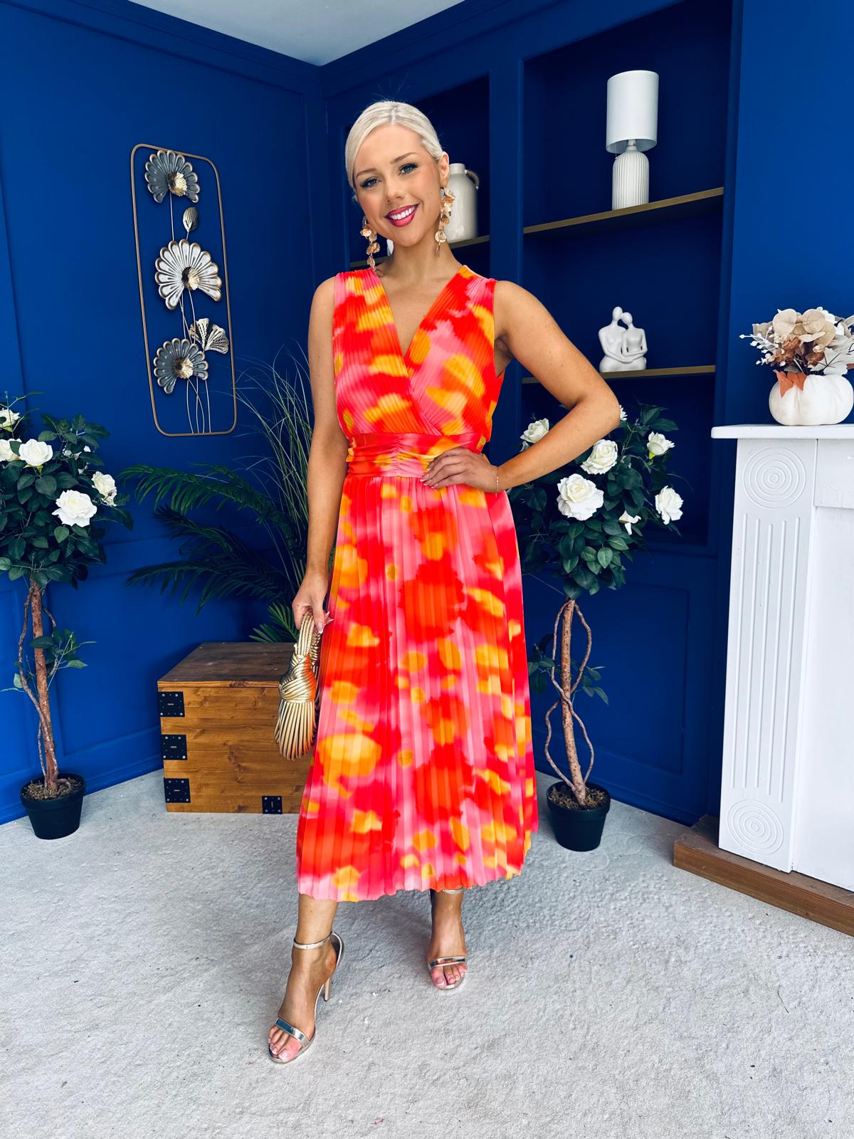 Robyn Pleated Midi Dress Marble Coral