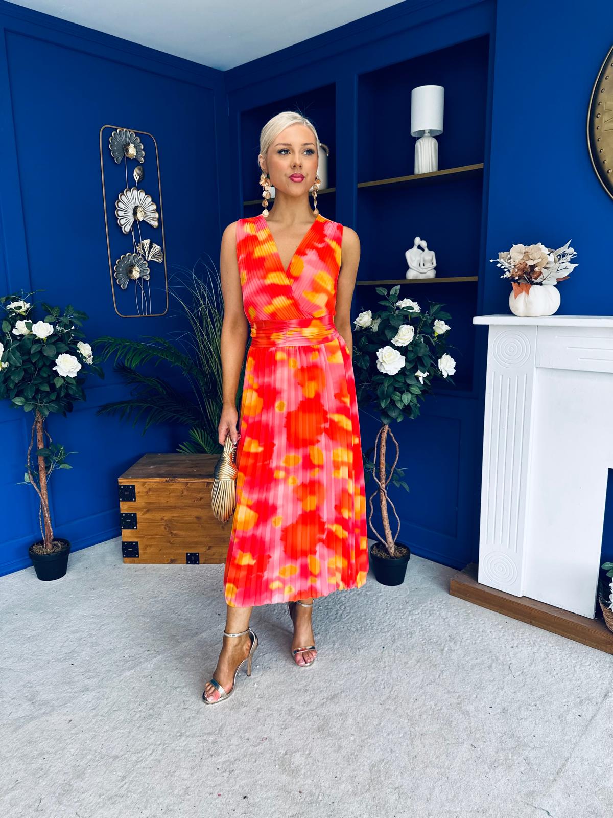 Robyn Pleated Midi Dress Marble Coral