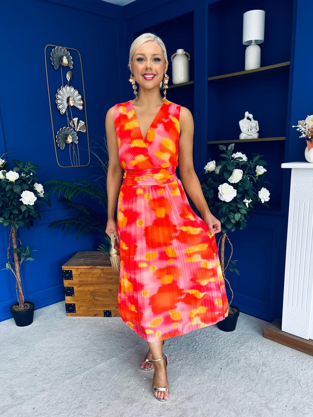 Robyn Pleated Midi Dress Marble Coral