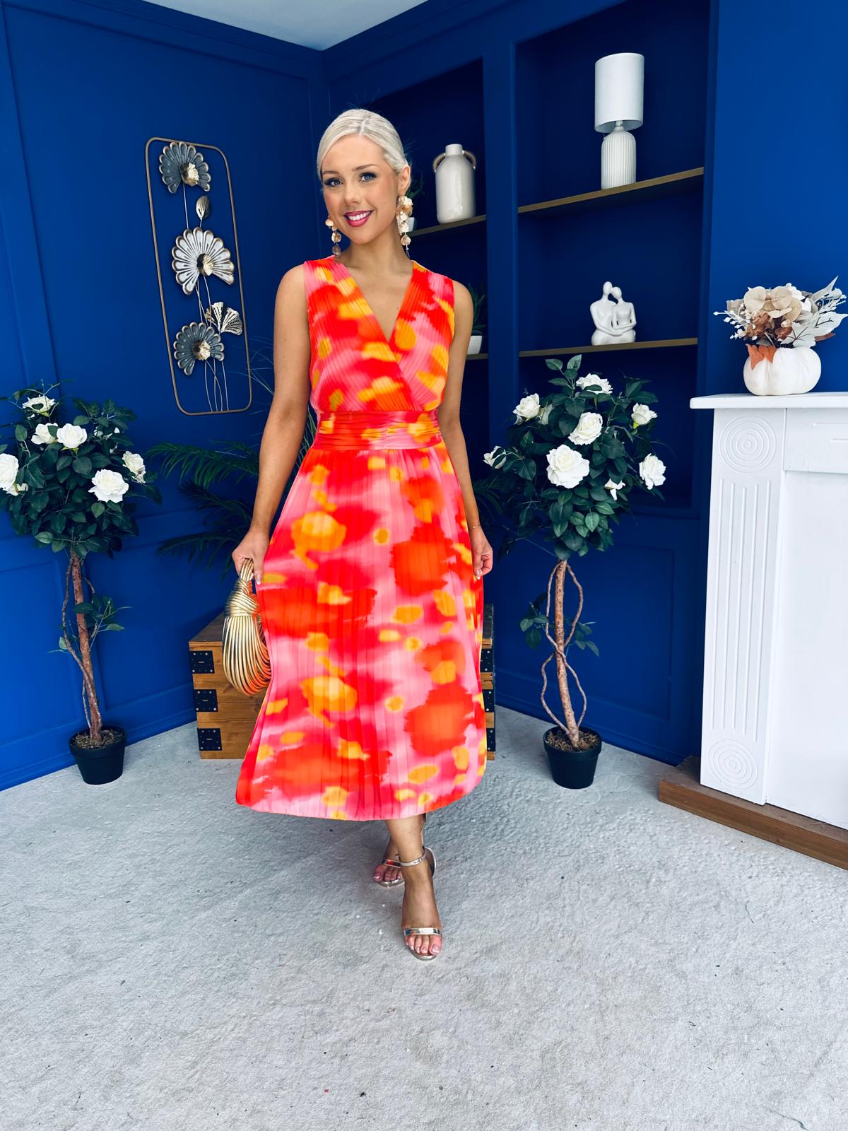 Robyn Pleated Midi Dress Marble Coral