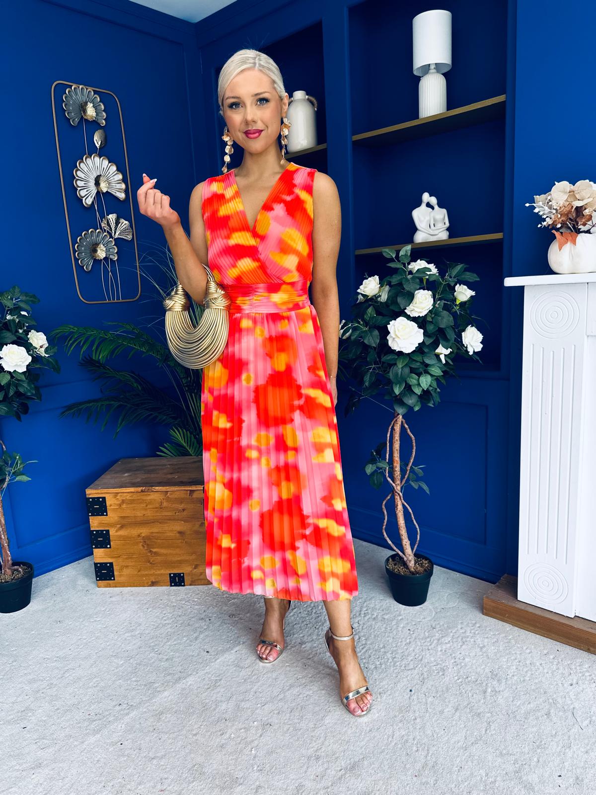 Robyn Pleated Midi Dress Marble Coral