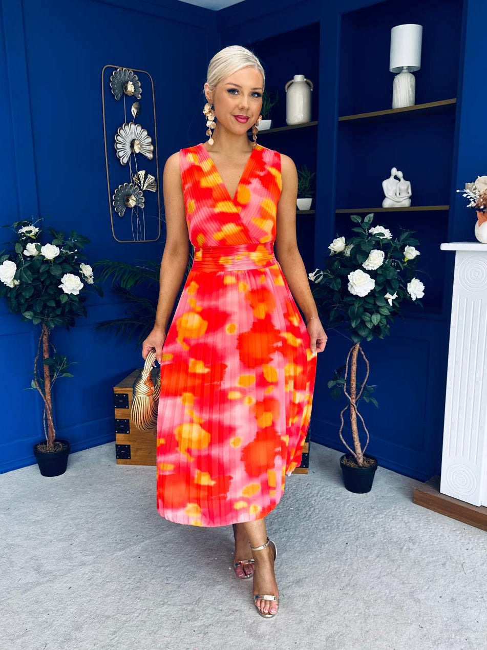 Robyn Pleated Midi Dress Marble Coral