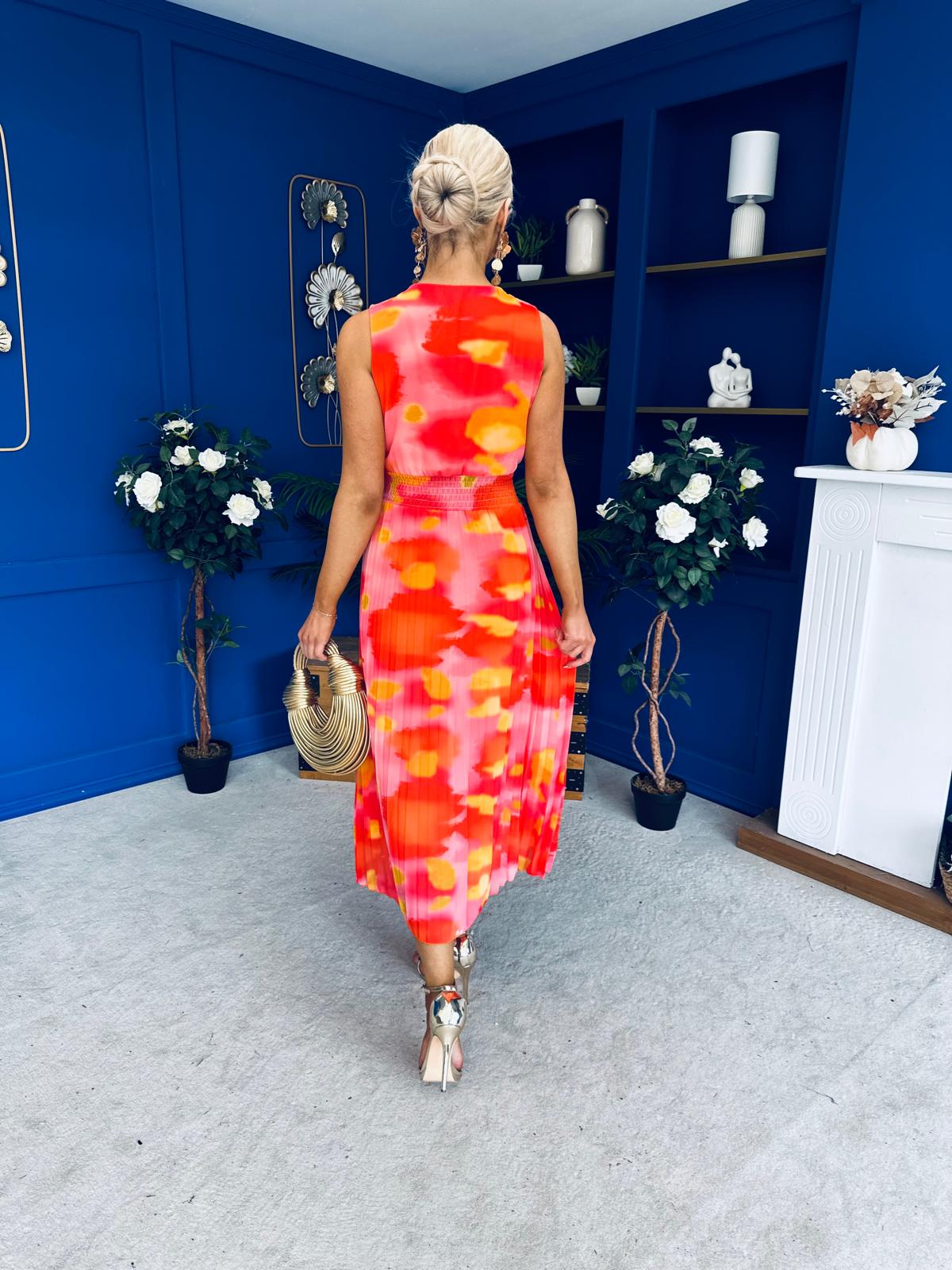 Robyn Pleated Midi Dress Marble Coral