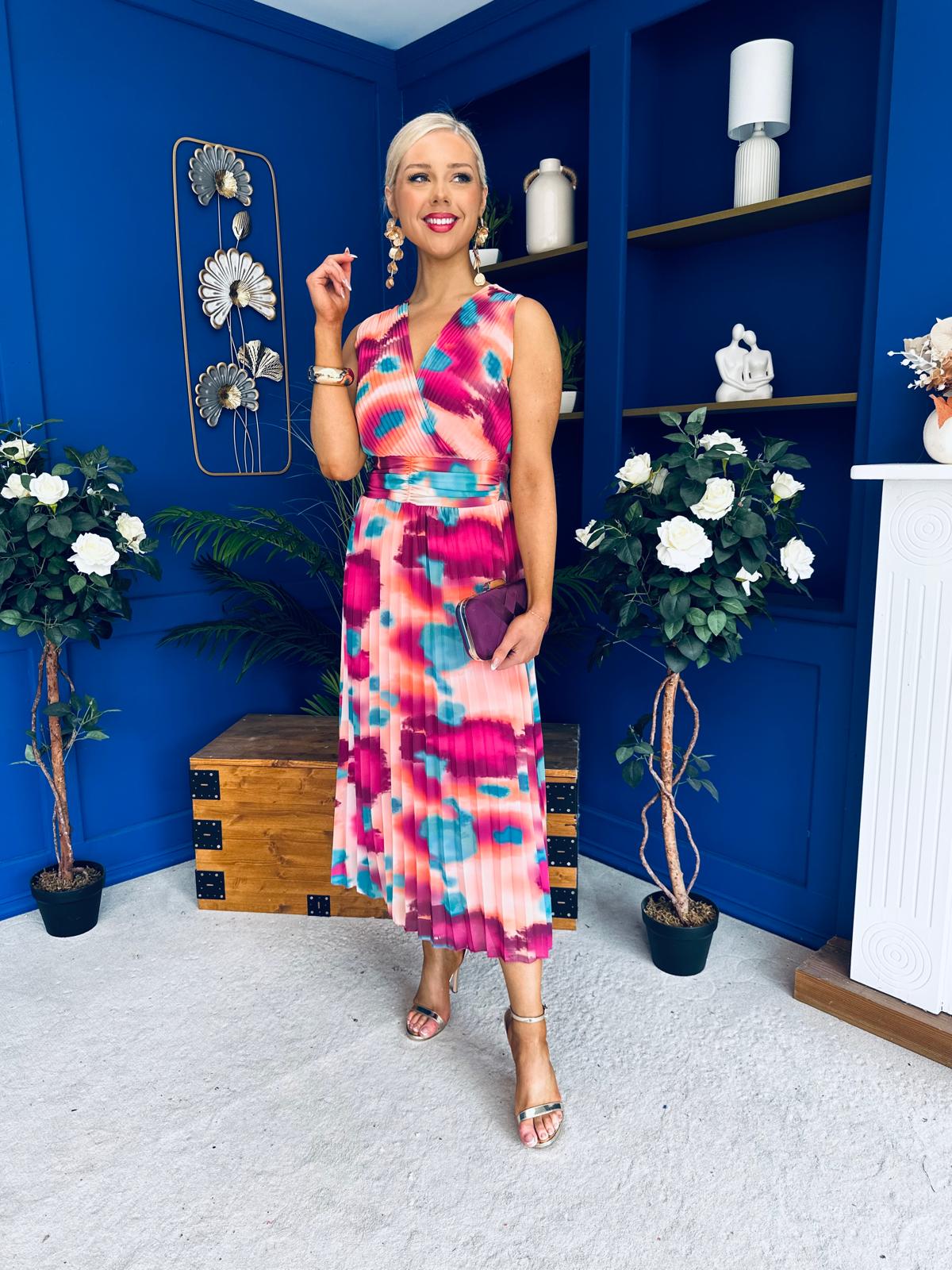 Robyn Pleated Midi Dress Marble Ruby