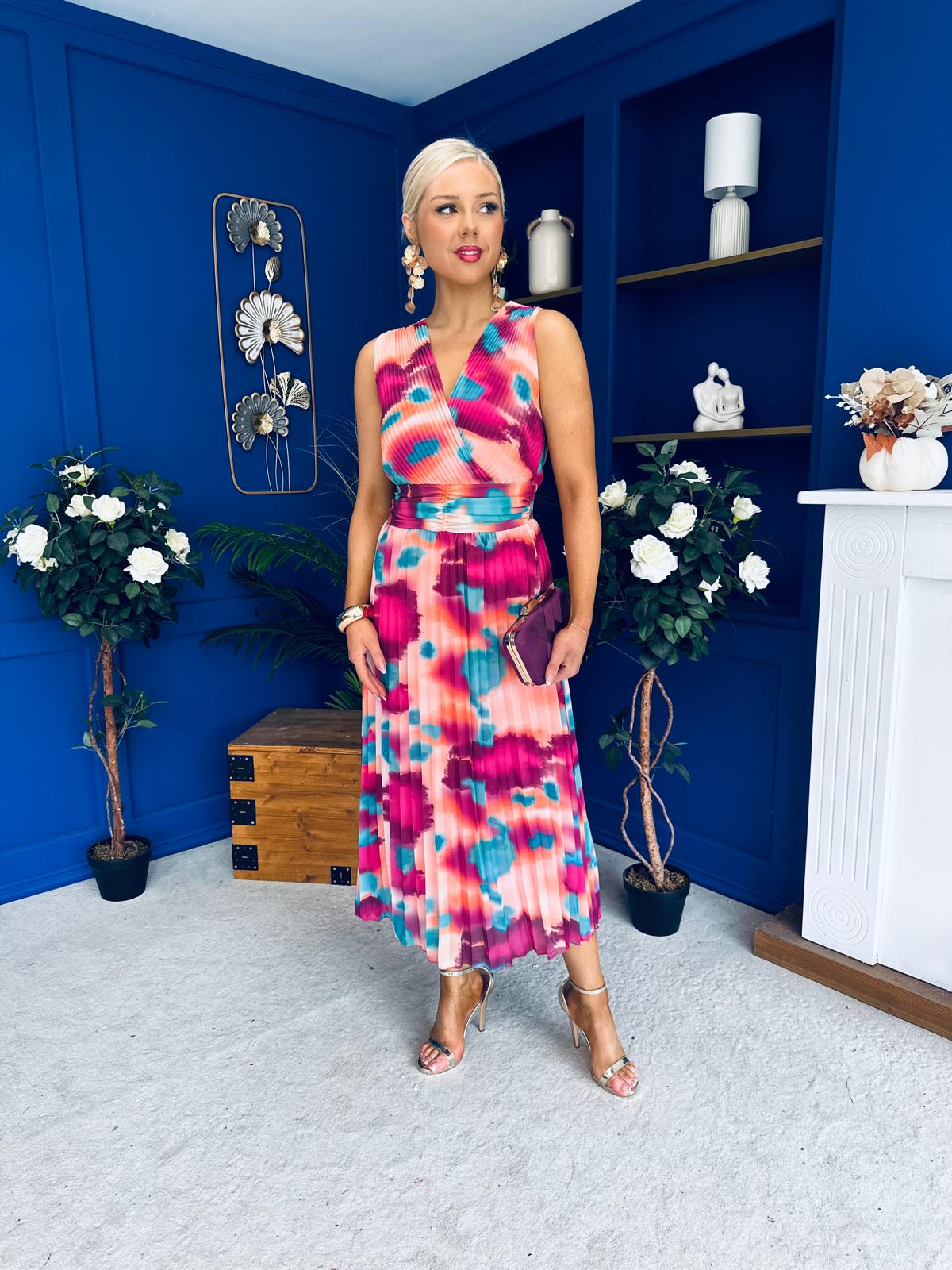 Robyn Pleated Midi Dress Marble Ruby