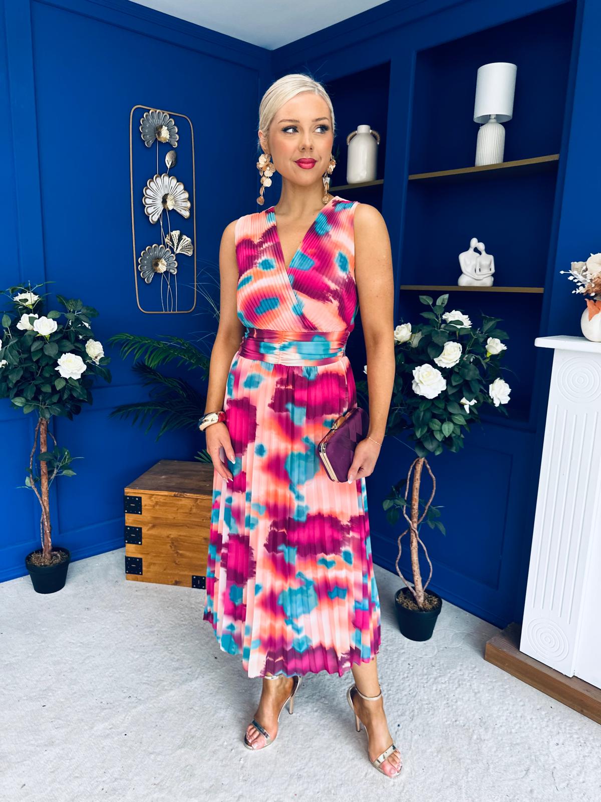Robyn Pleated Midi Dress Marble Ruby