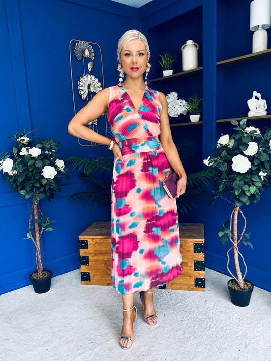 Robyn Pleated Midi Dress Marble Ruby