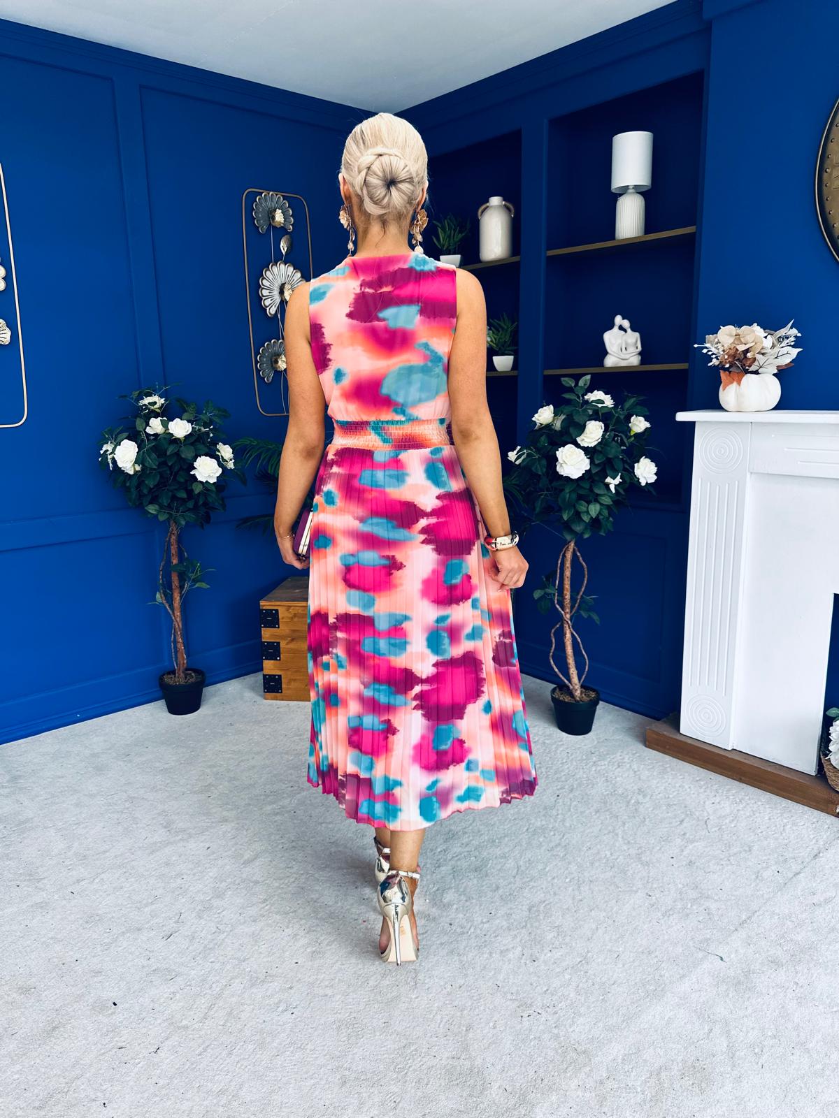 Robyn Pleated Midi Dress Marble Ruby