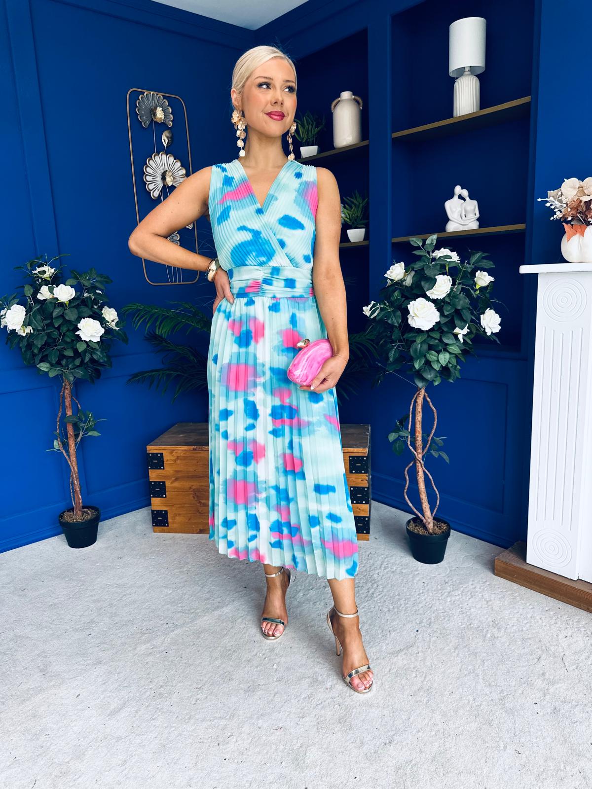 Robyn Pleated Midi Dress Marble Pastel