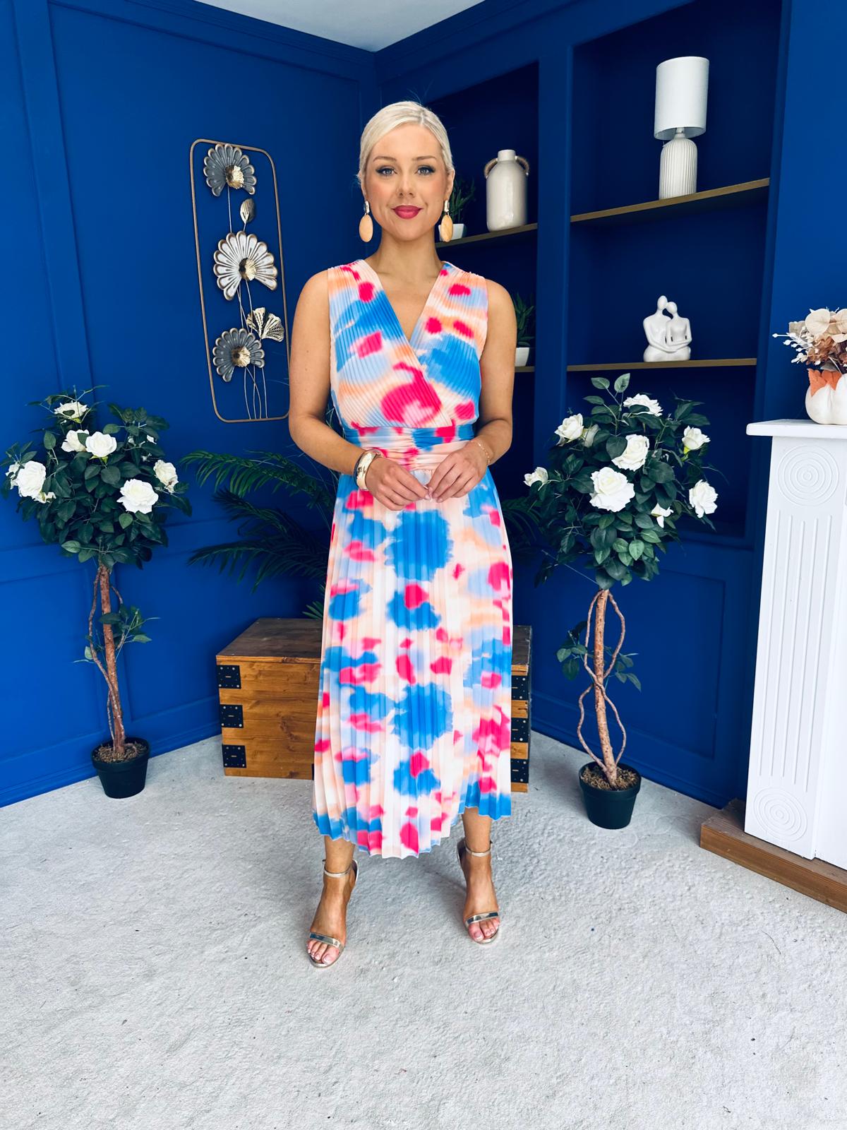 Robyn Pleated Midi Dress Marble Blue