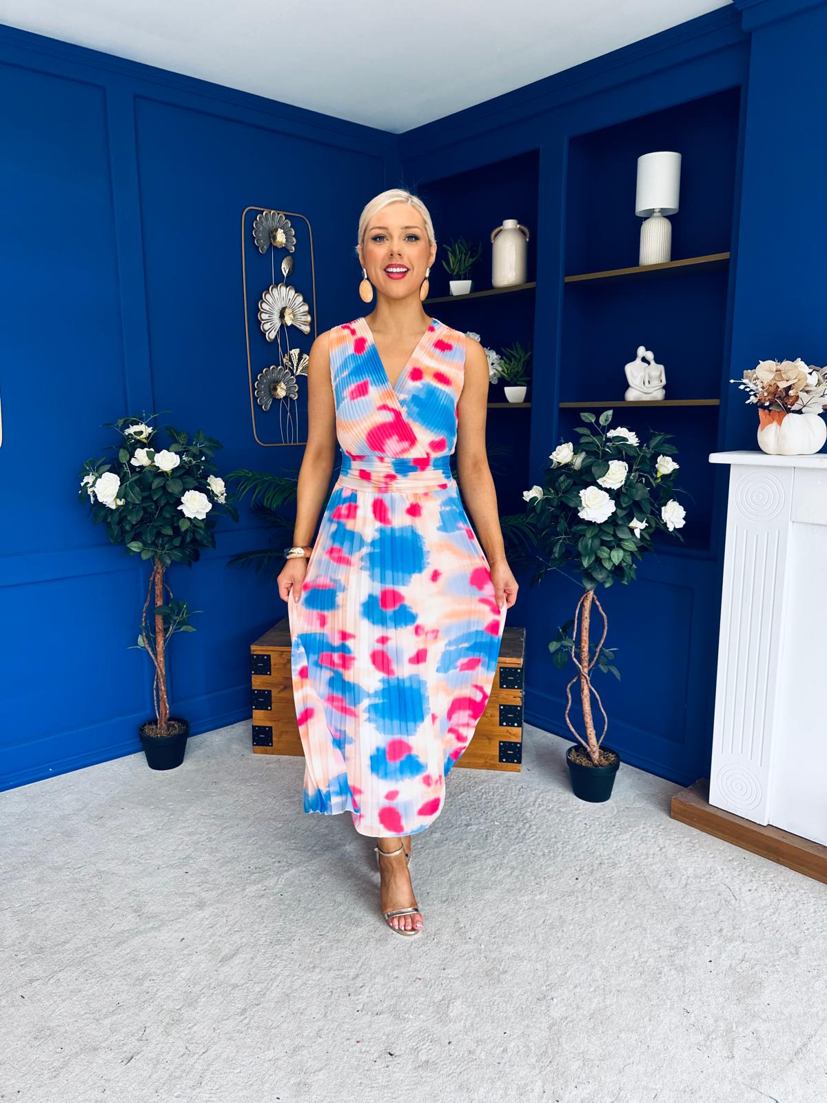 Robyn Pleated Midi Dress Marble Blue