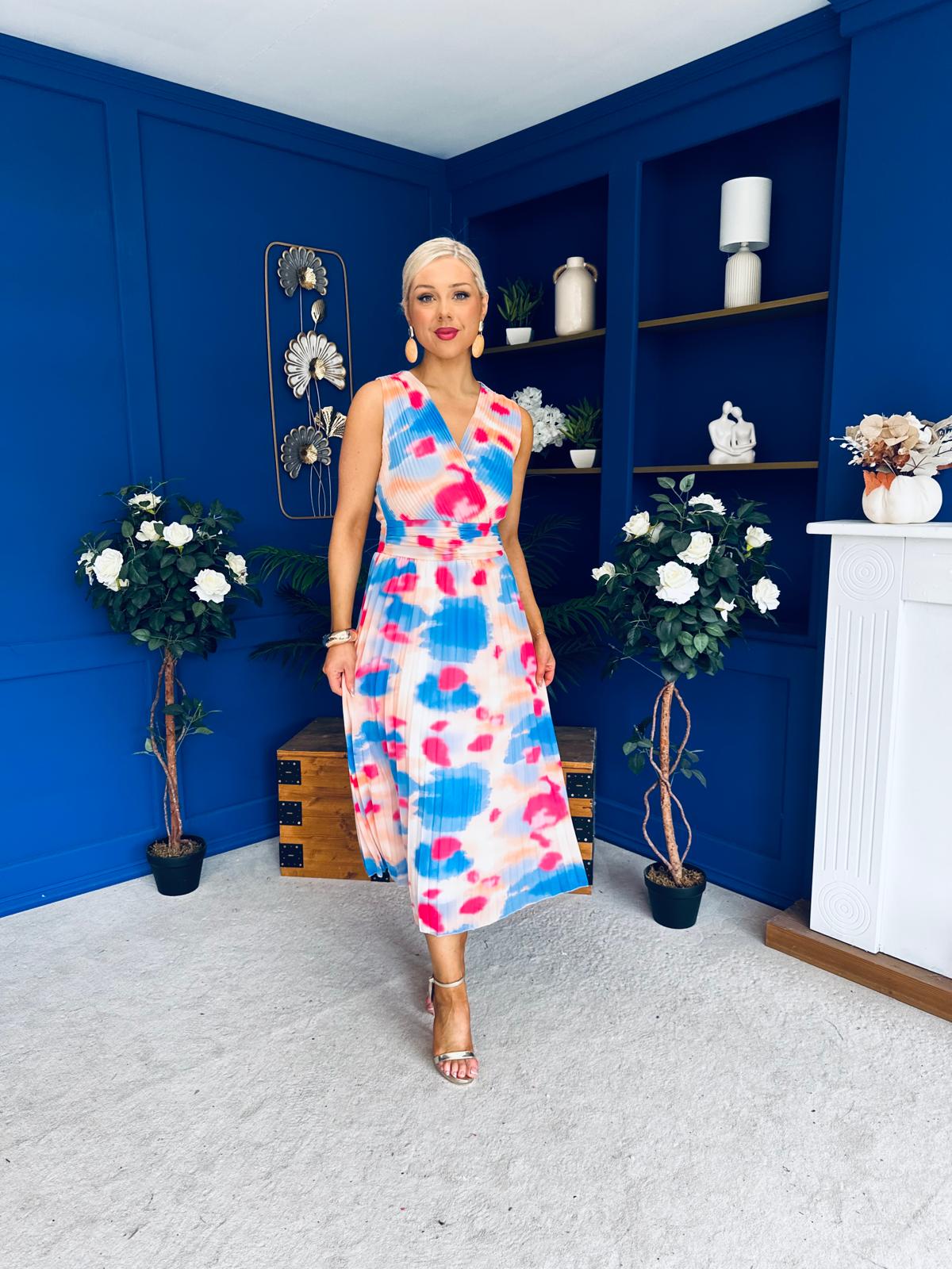 Robyn Pleated Midi Dress Marble Blue