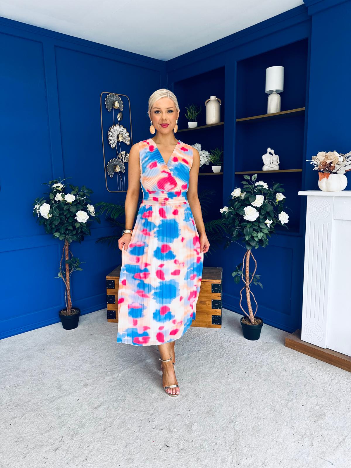 Robyn Pleated Midi Dress Marble Blue