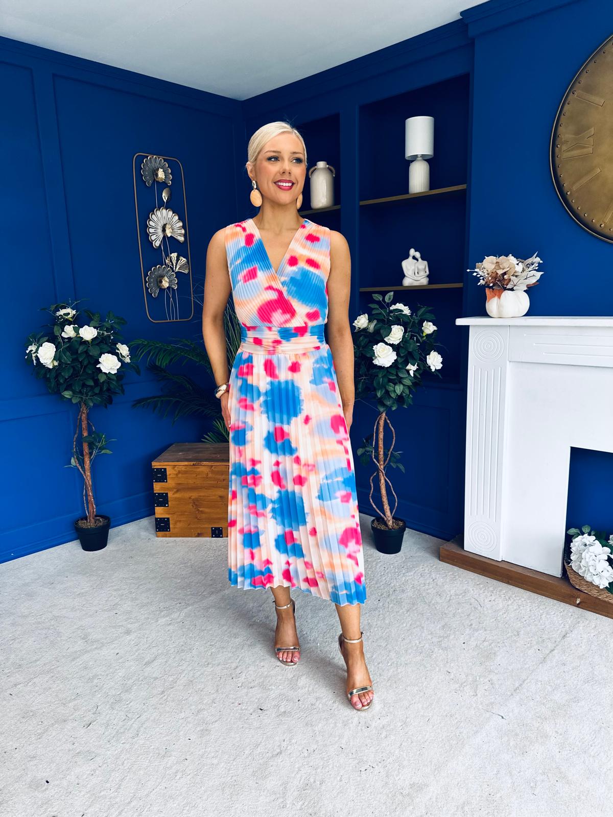 Robyn Pleated Midi Dress Marble Blue