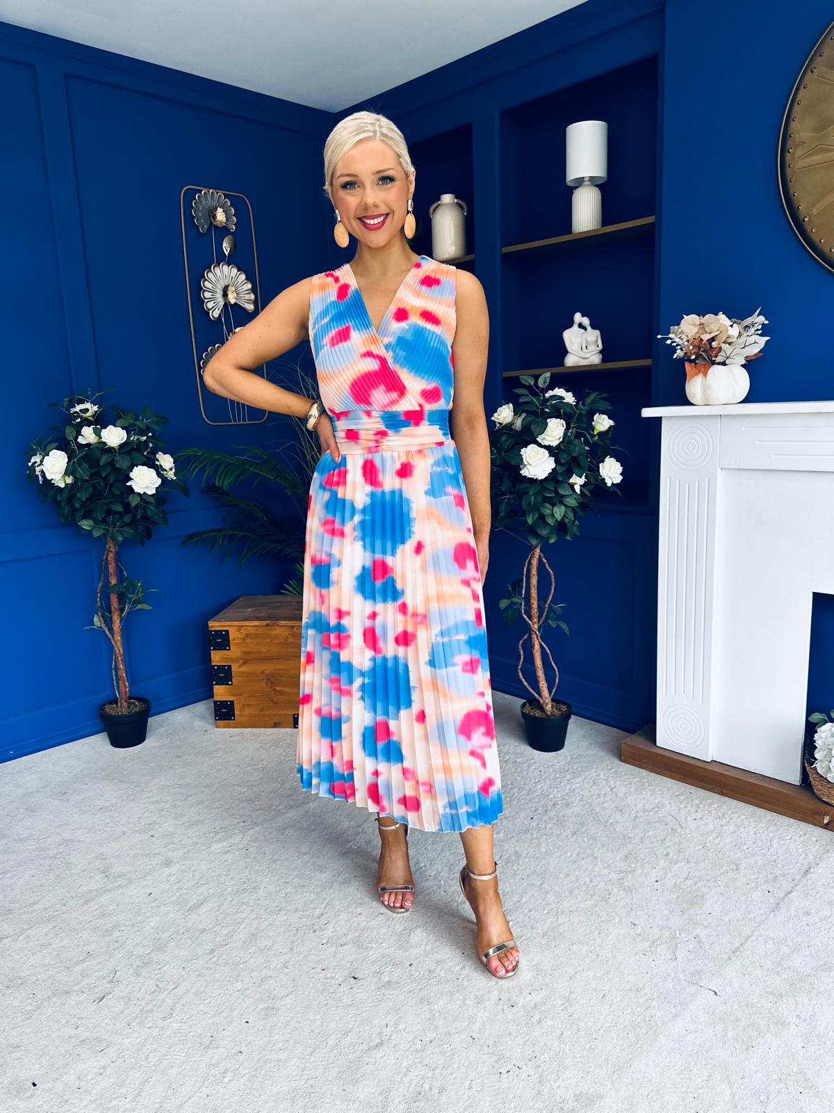 Robyn Pleated Midi Dress Marble Blue