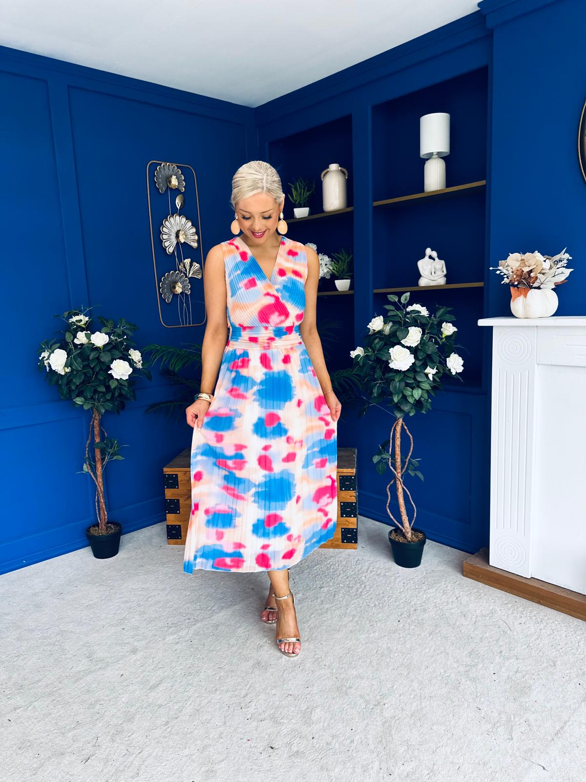 Robyn Pleated Midi Dress Marble Blue