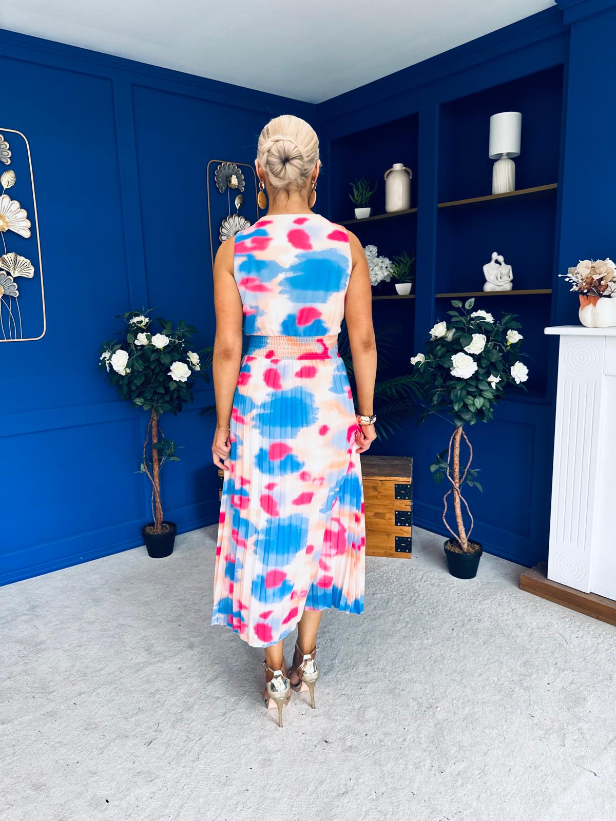 Robyn Pleated Midi Dress Marble Blue