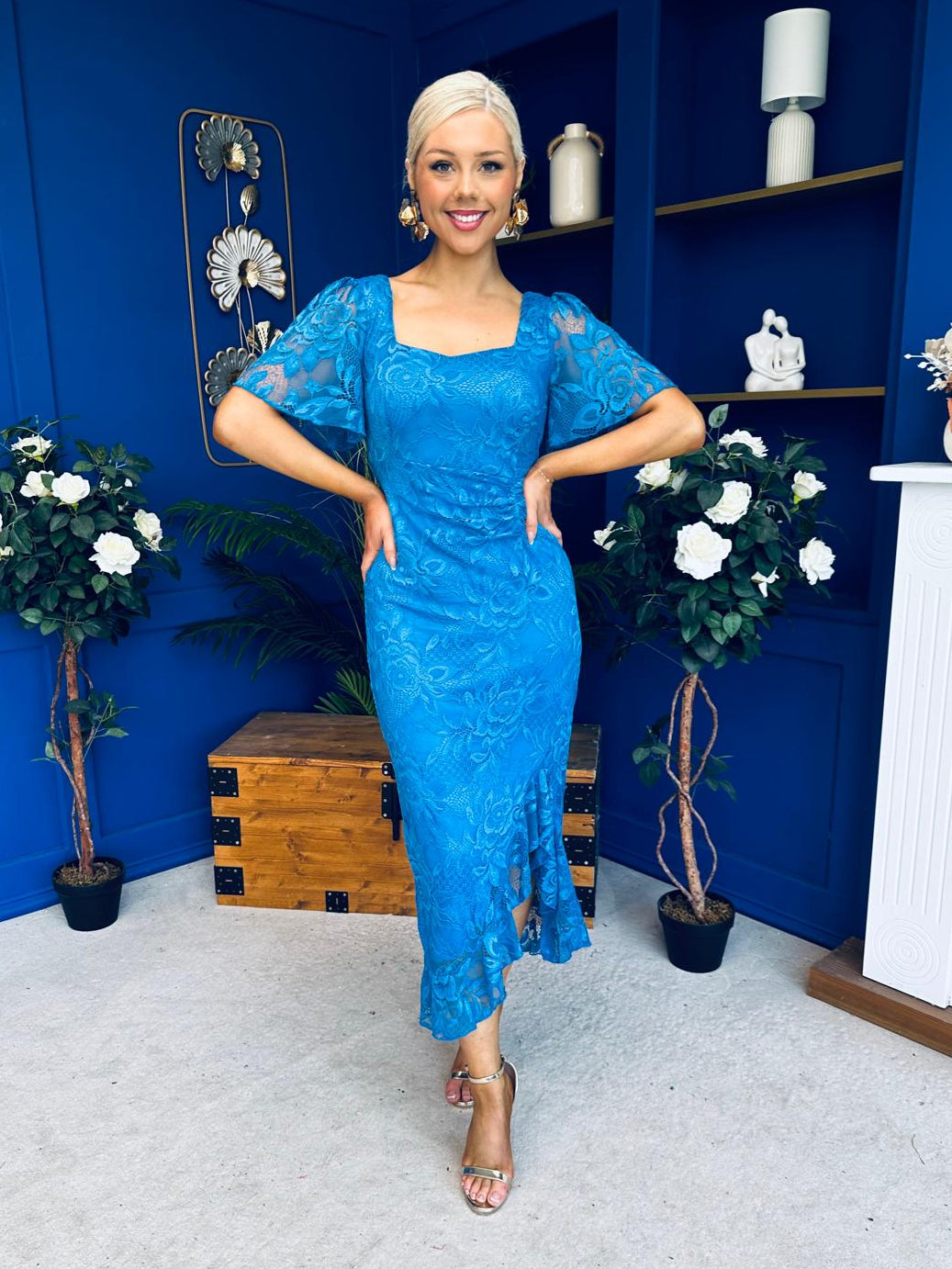 Heidi Lace Detail Ruched Midi Dress Blue
