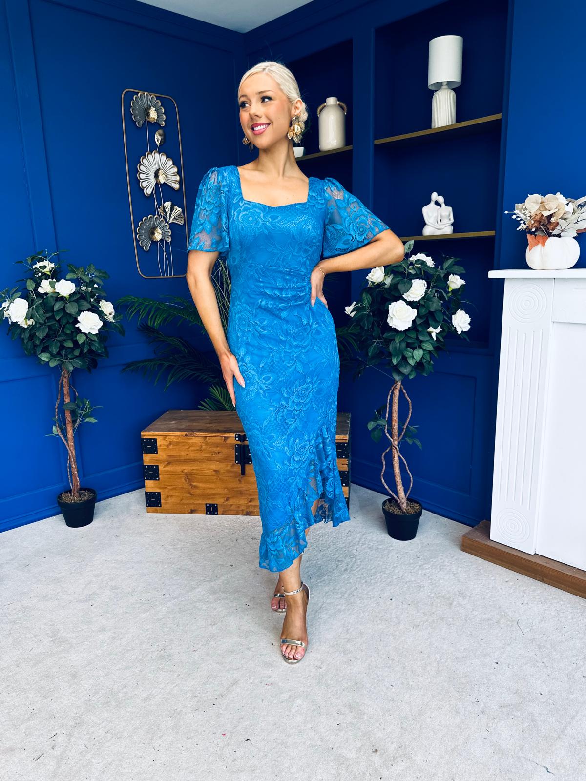 Heidi Lace Detail Ruched Midi Dress Blue