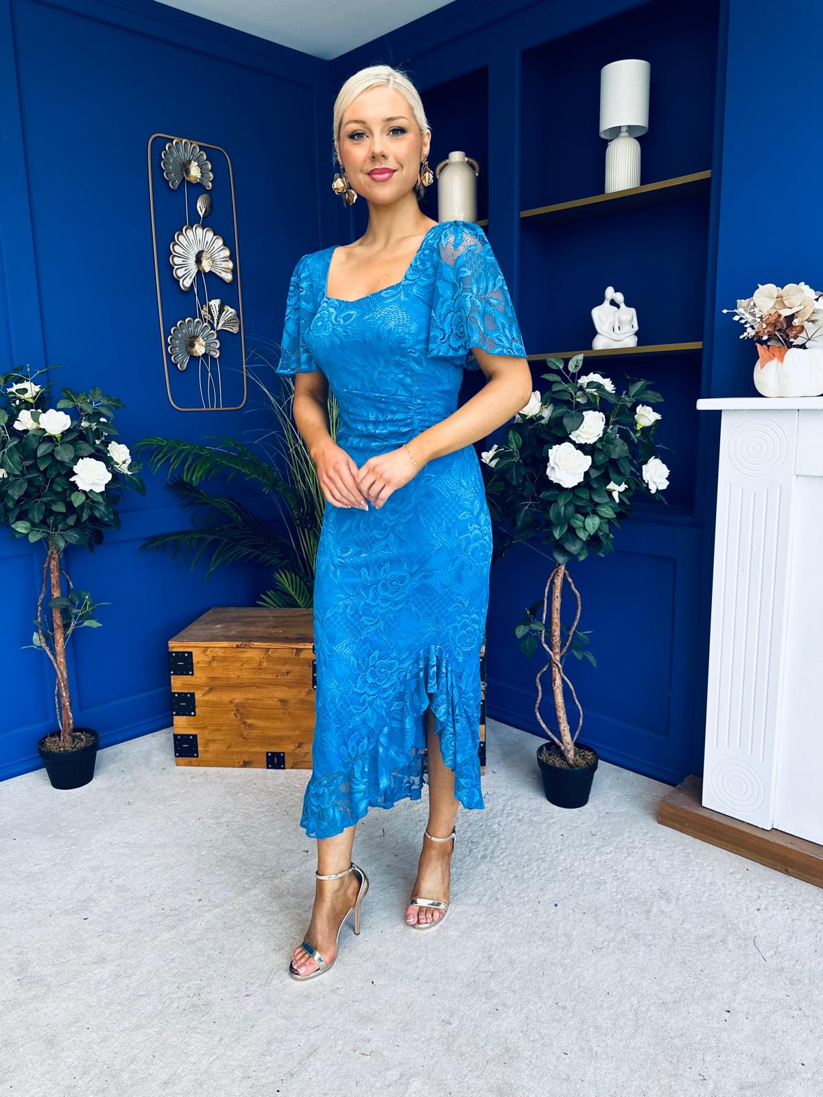 Heidi Lace Detail Ruched Midi Dress Blue