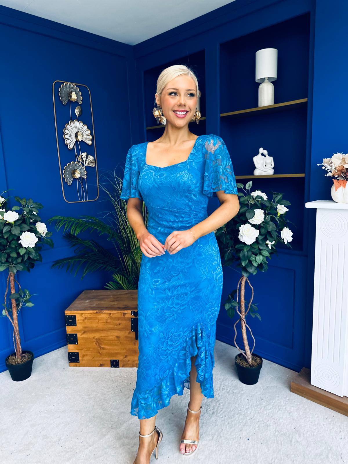 Heidi Lace Detail Ruched Midi Dress Blue